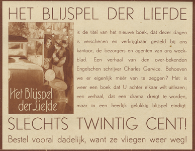 717416 Advertentie van het weekblad 'Utrecht in Woord en Beeld', Boothstraat3 te Utrecht, voor de roman 'Het blijspel ...